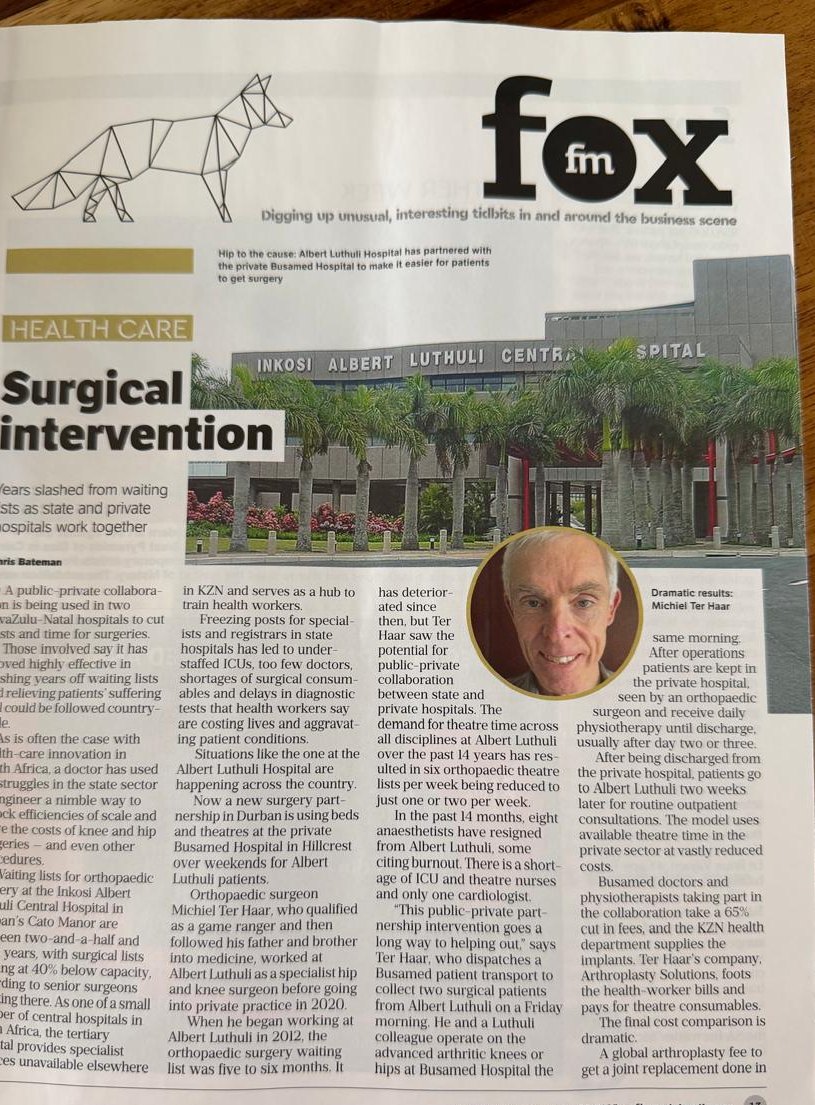 Financial Mail feature on the Arthroplasty Solutions partnership, with a photo of Dr Michiel Ter Haar and Inkosi Albert Luthuli Central Hospital.