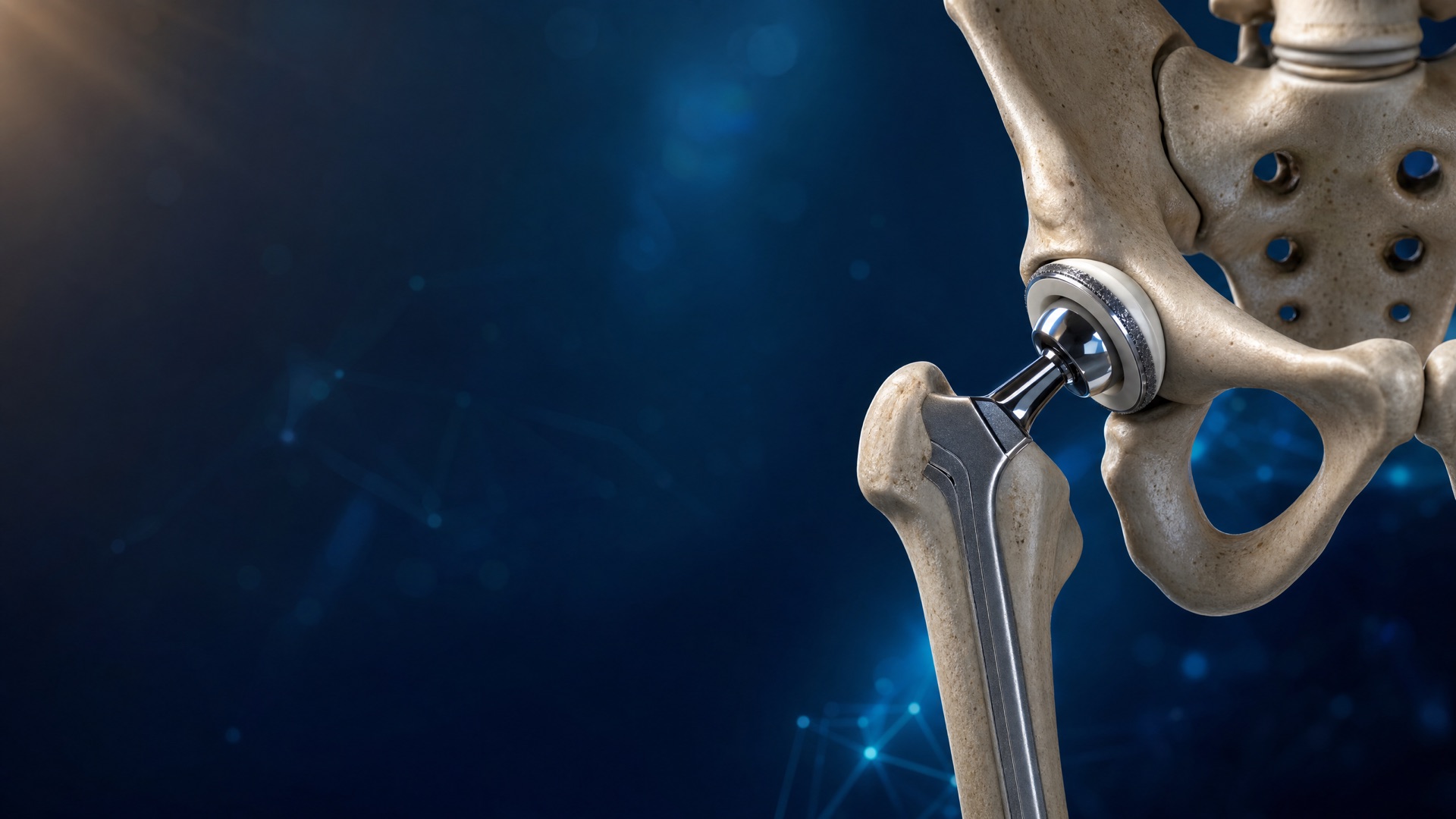 A total hip replacement in place — the metal stem seated in the femur, its ball articulating with the cup fitted into the pelvis.